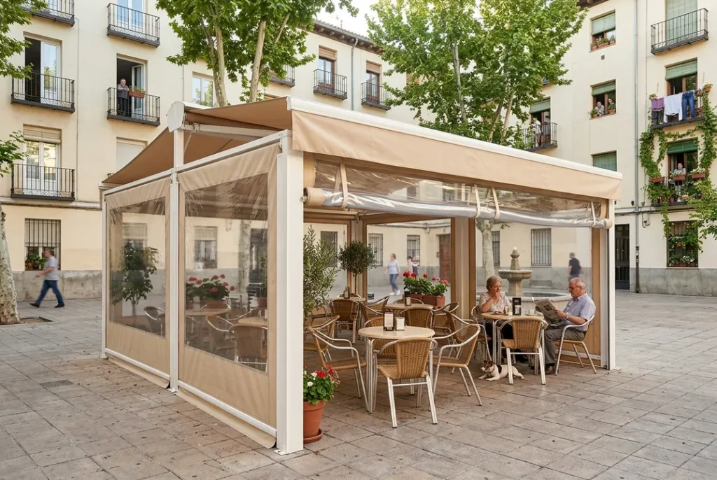 Cerramientos para hostelería en Madrid: terraza en una plaza con cierre transparente (imagen referencial)