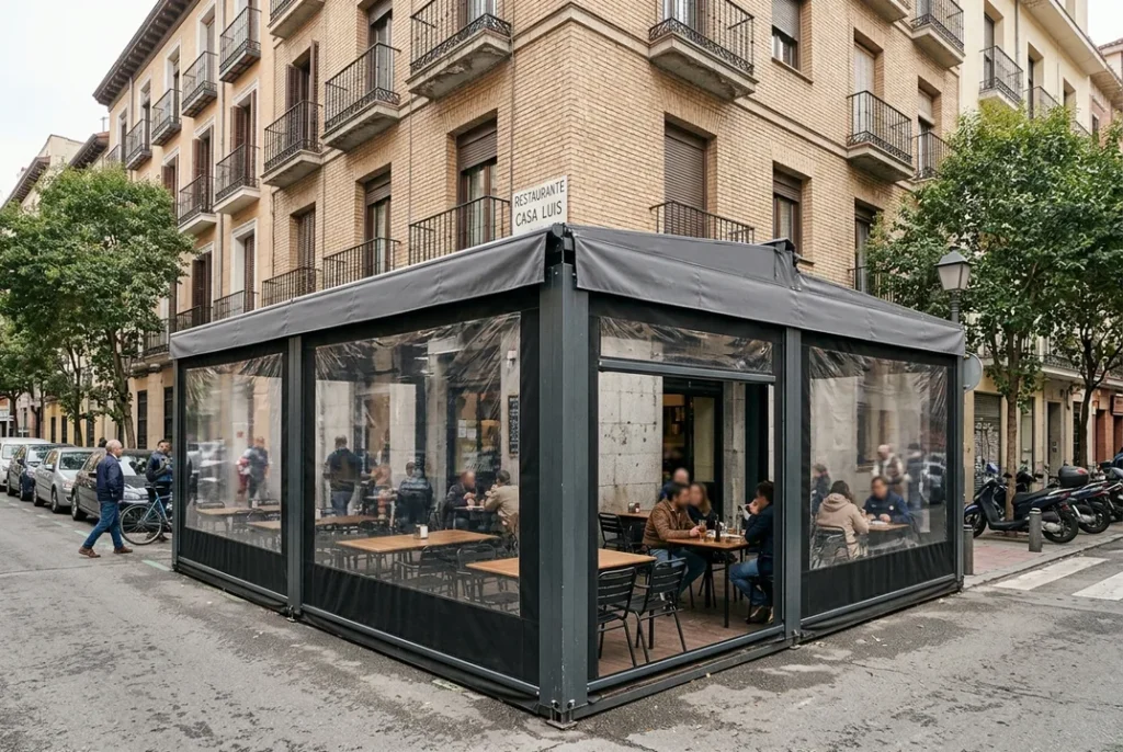 Cerramiento de terraza en esquina con cierre transparente para restaurante (imagen referencial)