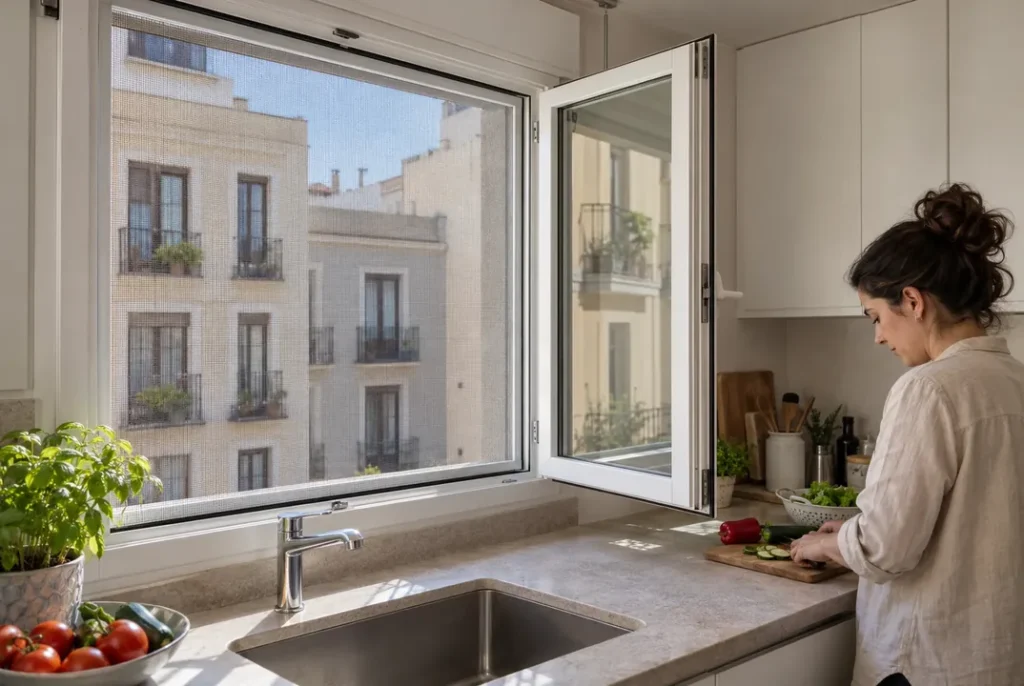 Mujer abriendo la ventana de la cocina con mosquitera instalada en Madrid