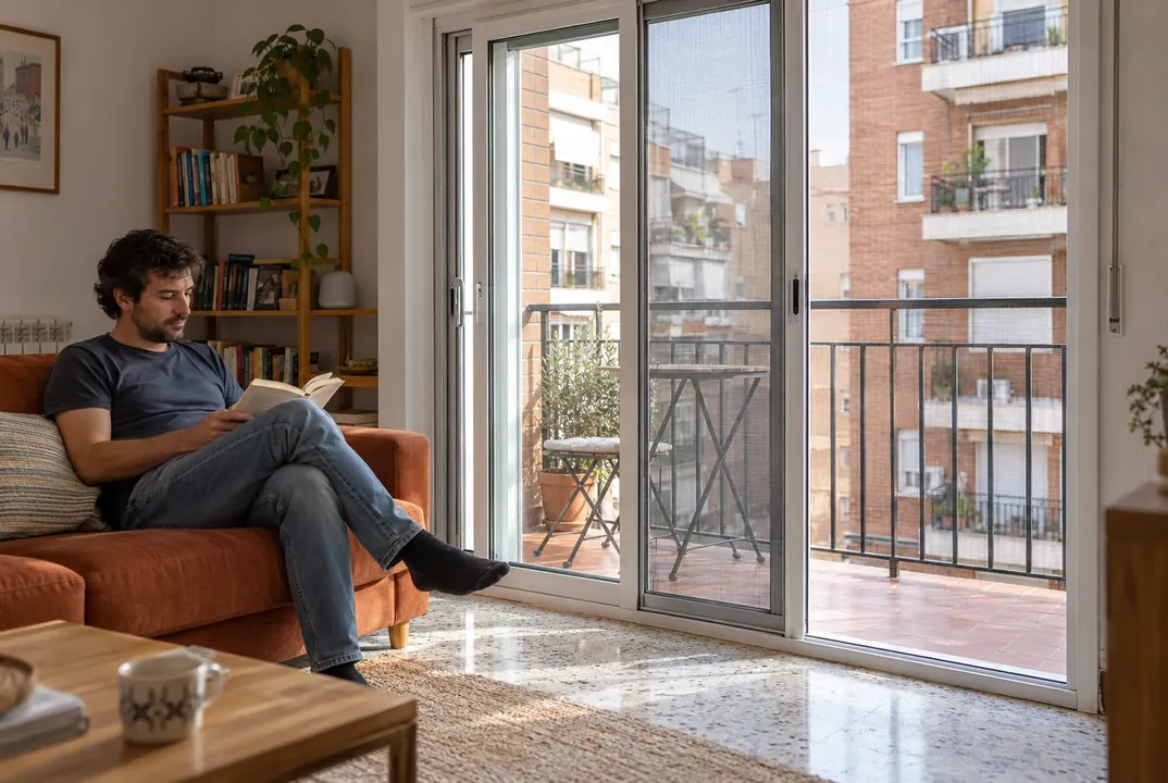 Mosquitera corredera en la puerta de balcón de un salón en Madrid