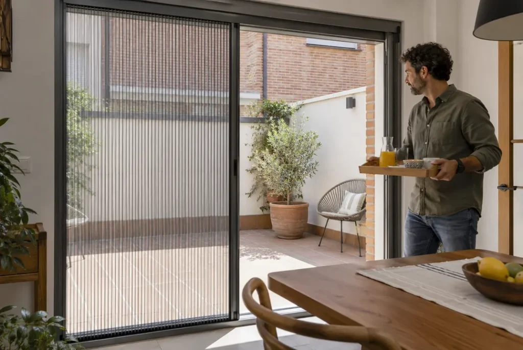 Mosquitera plisada en la puerta de una terraza en Madrid