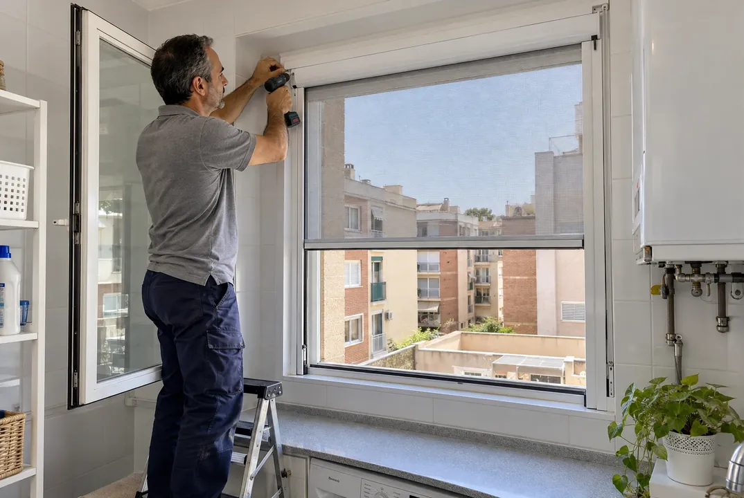 Instalador colocando una mosquitera enrollable en una ventana
