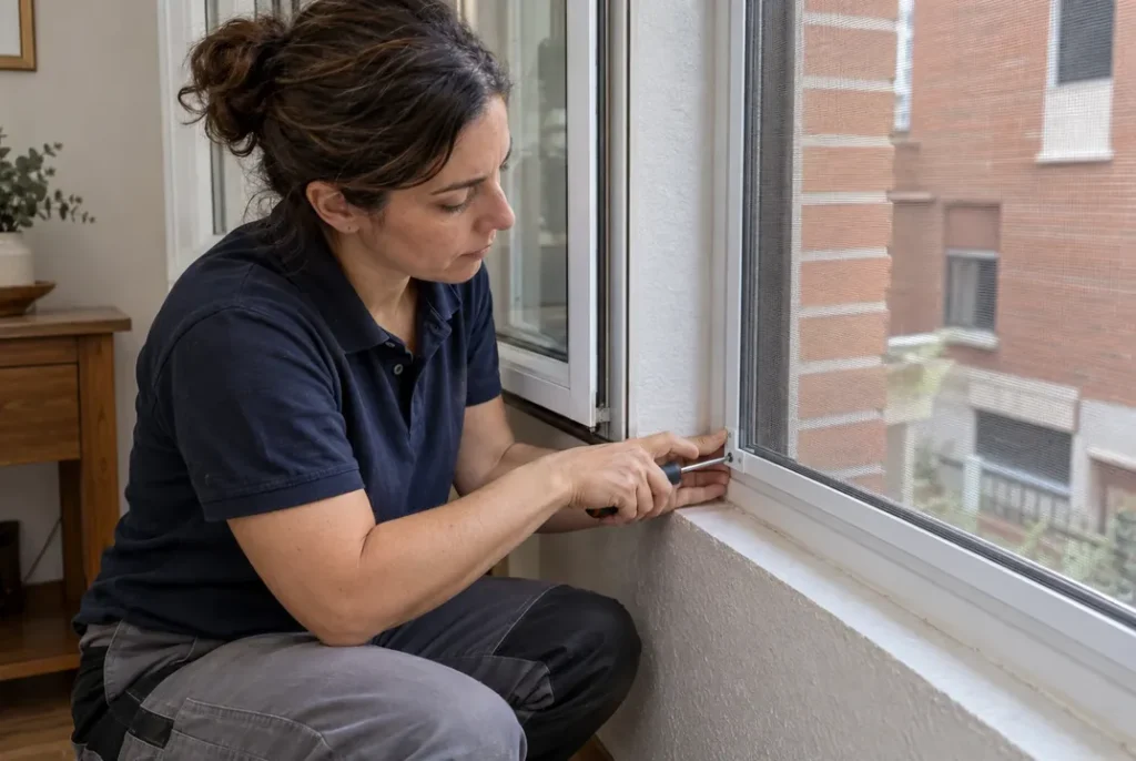 Técnica instalando una mosquitera fija en el marco de una ventana