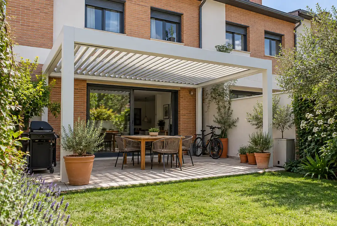 Pérgola bioclimática adosada a la fachada de una vivienda de ladrillo con jardín