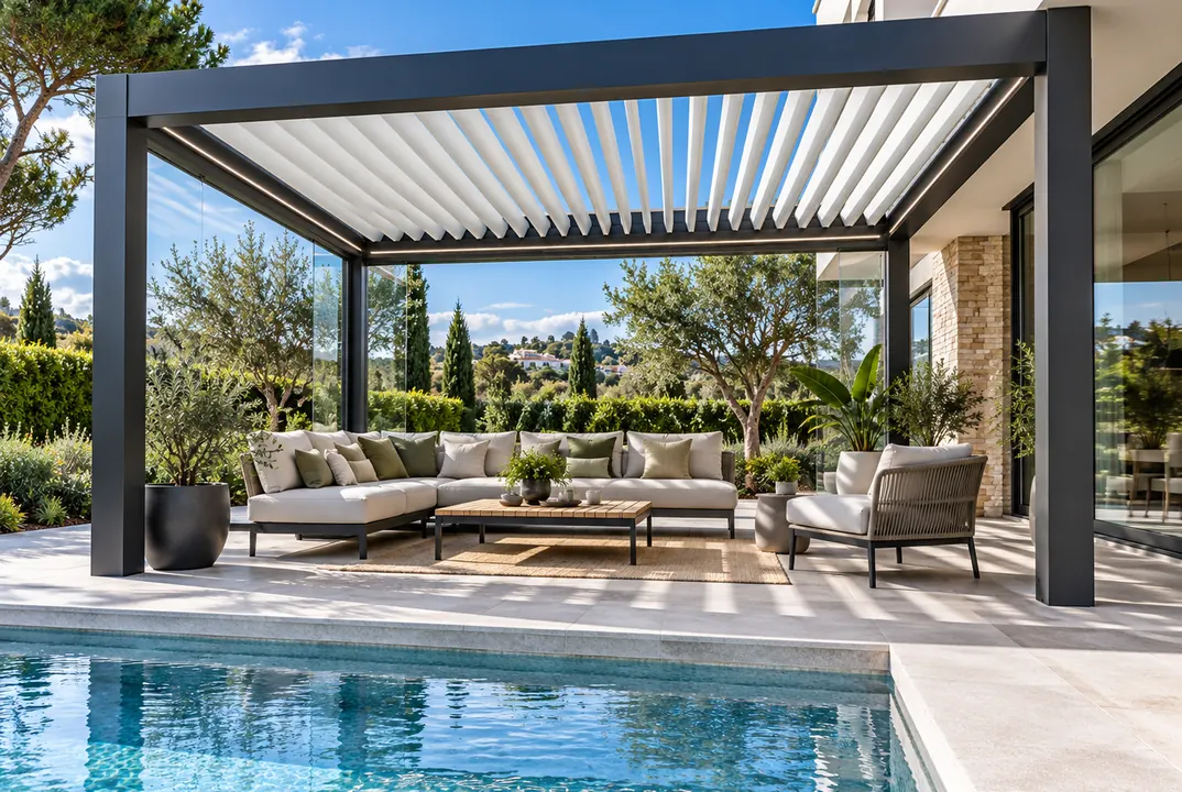 Pérgola bioclimática autoportante con lamas orientables junto a una piscina
