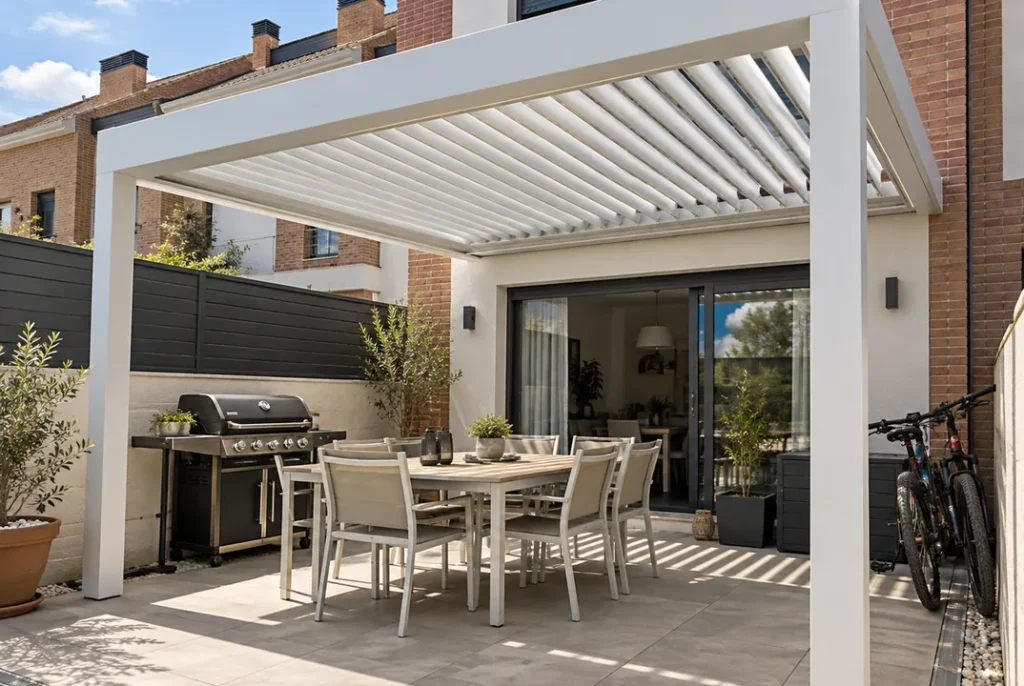 Pérgola bioclimática blanca en un jardín con zona de barbacoa y comedor