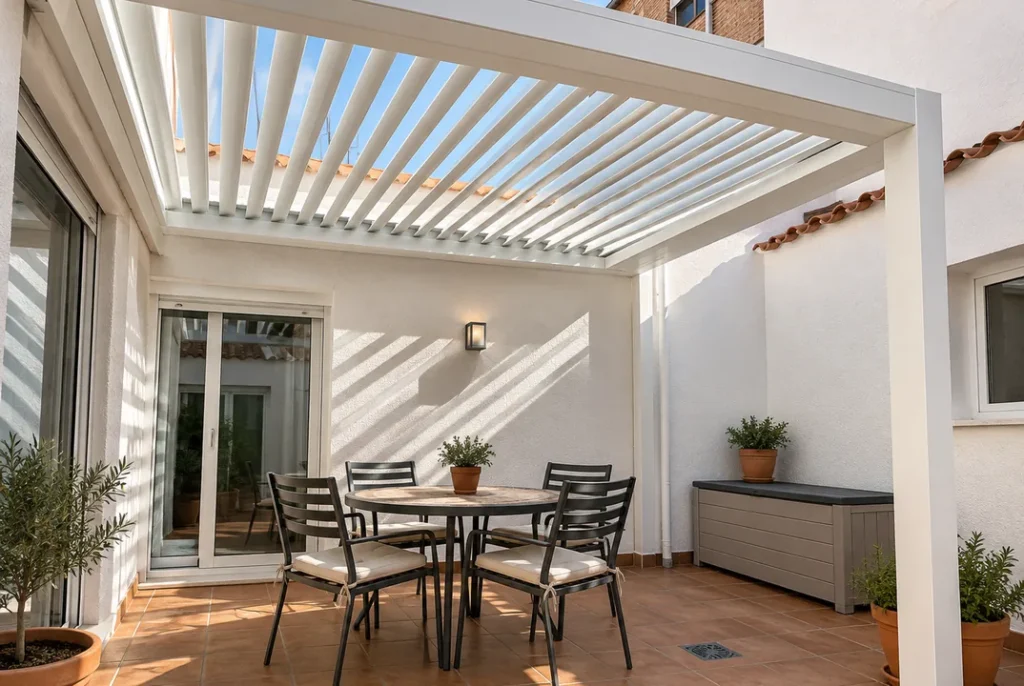 Pérgola bioclimática blanca en un patio con comedor y suelo de terracota