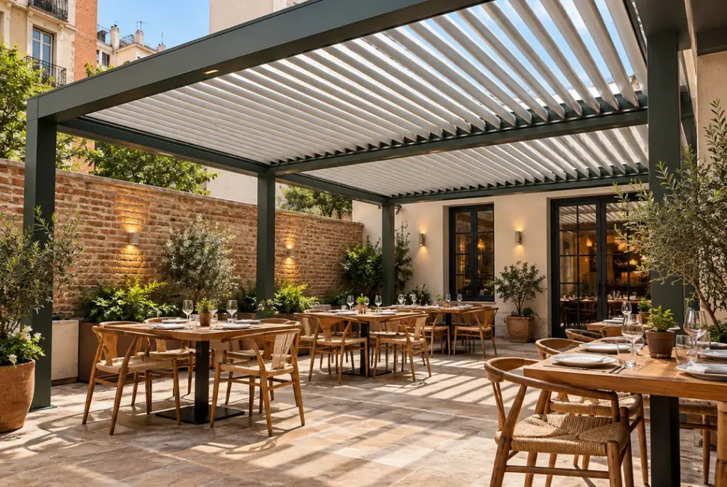 Pérgola bioclimática de lamas orientables sobre una terraza de restaurante en Madrid