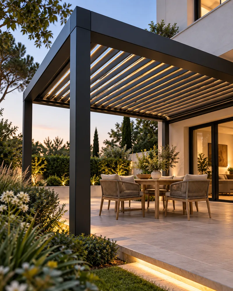 Pérgola bioclimática de aluminio negro con lamas e iluminación led en una terraza al atardecer