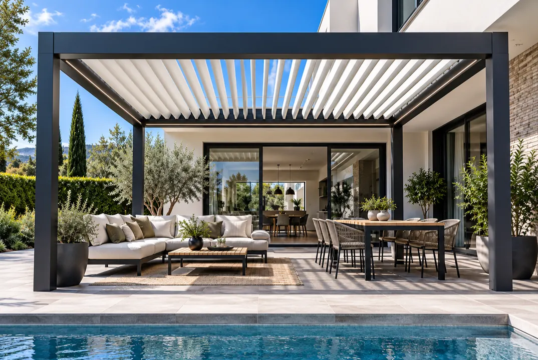 Pérgolas bioclimáticas en Madrid con zona de estar y comedor junto a la piscina