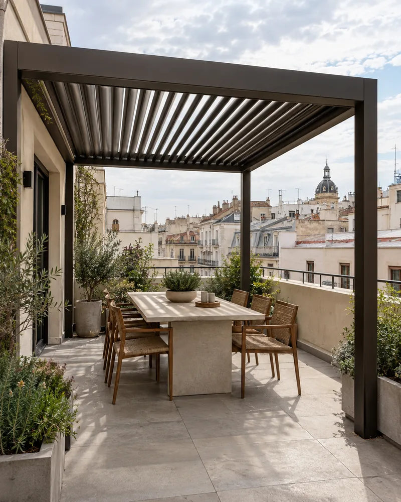 Pérgola bioclimática en una terraza con vistas a los tejados de Madrid