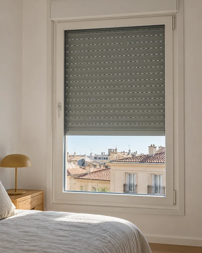 Persiana de aluminio en la ventana de un dormitorio