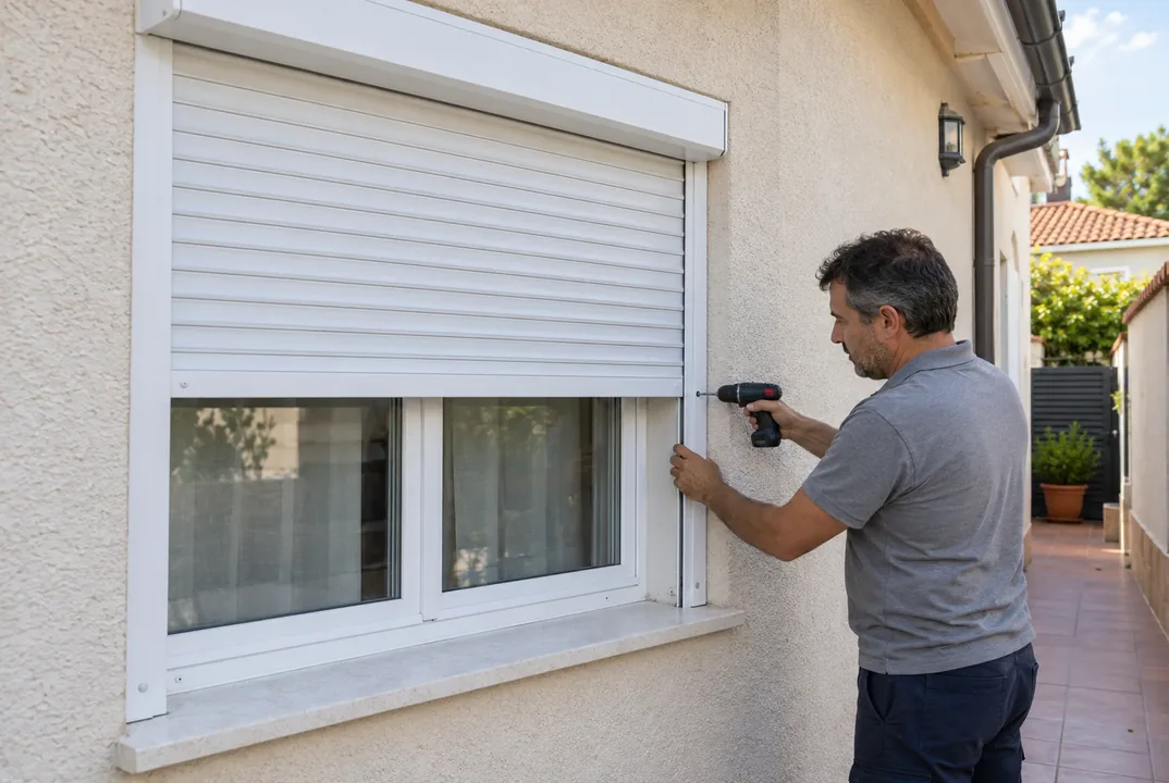 Instalador colocando una persiana de aluminio en una ventana