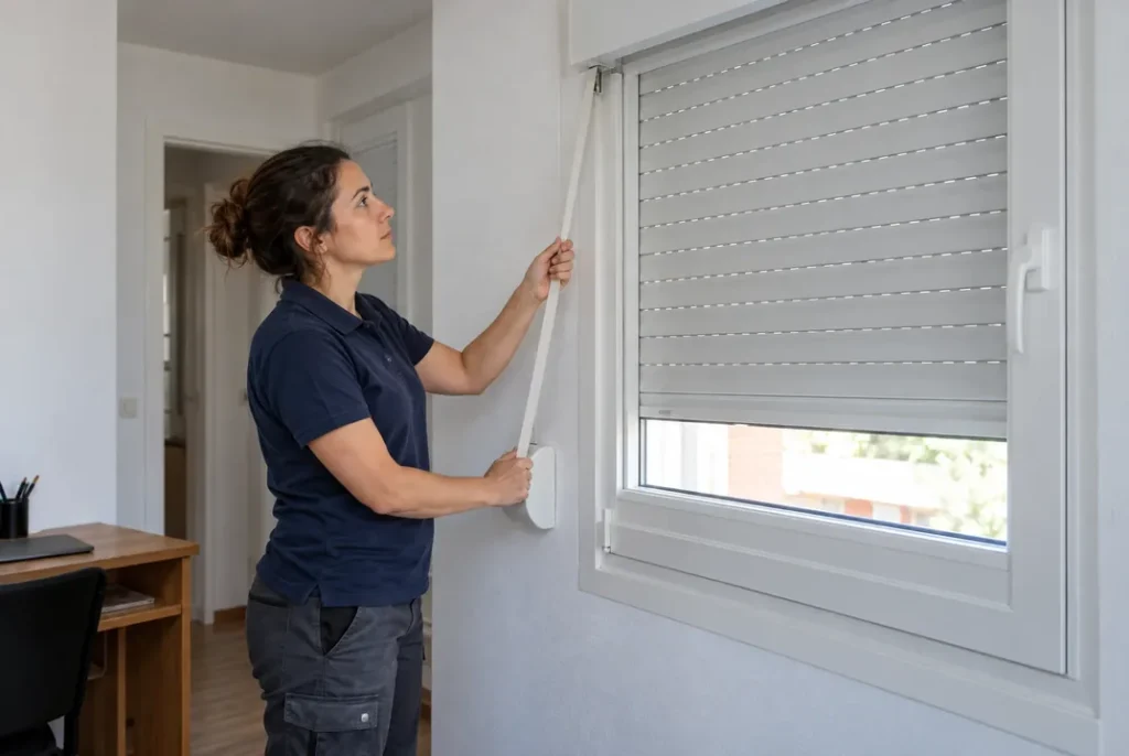 Técnica revisando una persiana de PVC en una vivienda