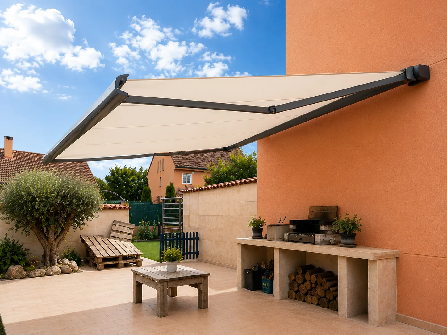 Toldo extensible instalado en una casa de color naranja