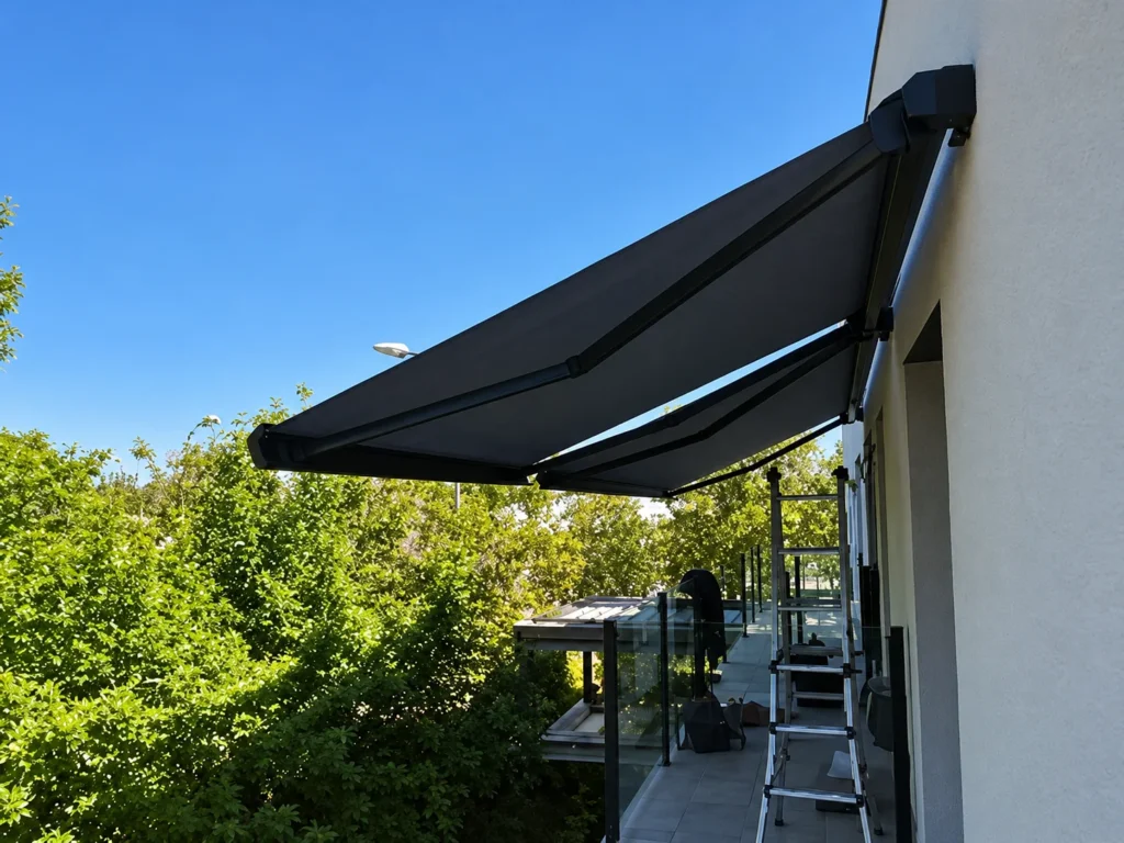 Toldos para balcones en Madrid: toldo extensible de lona oscura con brazos en una casa moderna