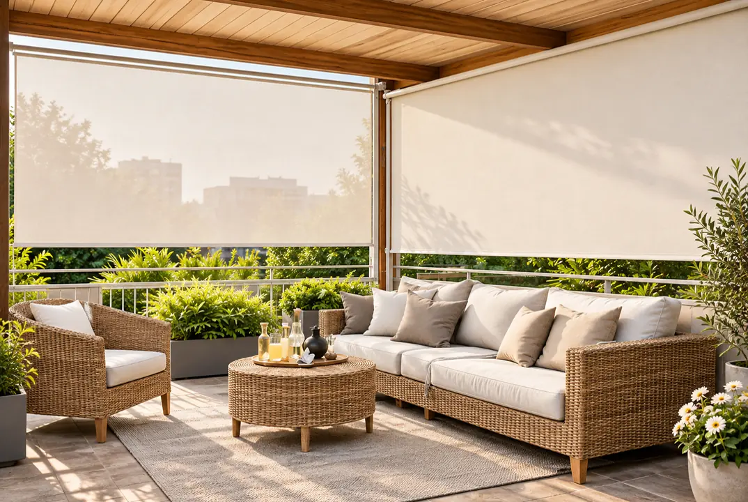 Toldos verticales para terrazas en Madrid: cortinas de lona en una terraza con pérgola