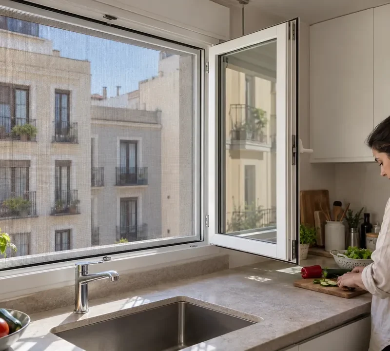 Mujer abriendo la ventana de la cocina con mosquitera instalada en Madrid