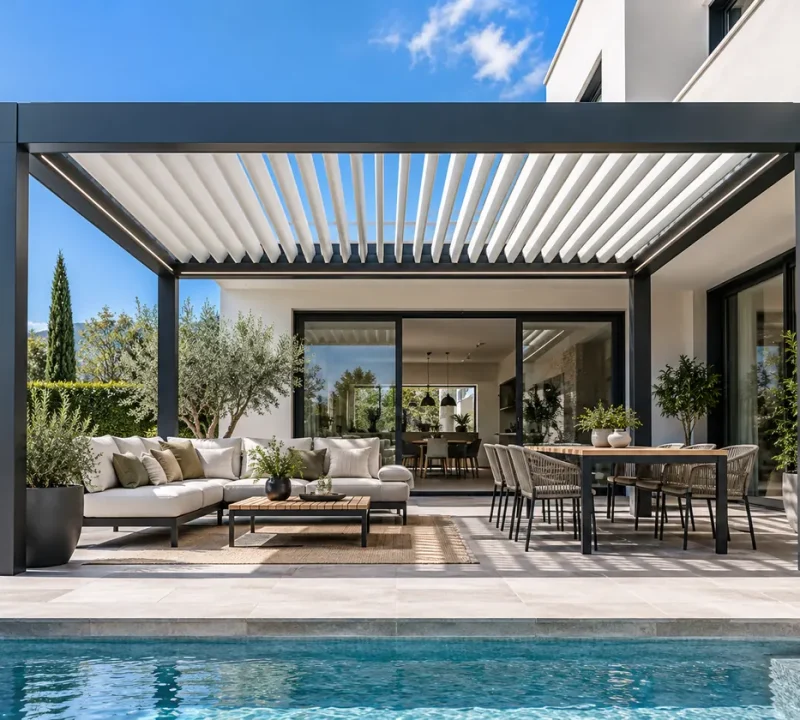 Pérgola bioclimática de aluminio con lamas orientables junto a una piscina, instalación de pérgolas bioclimáticas en Madrid
