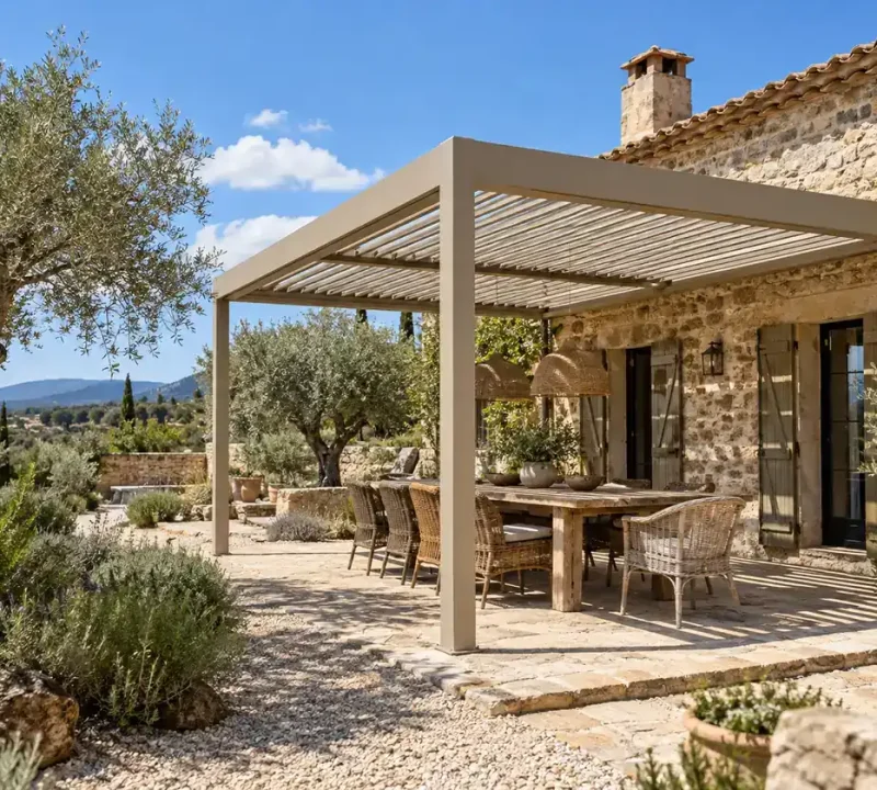 Pérgolas bioclimáticas en Madrid: pérgola de aluminio en un jardín con olivos y comedor exterior