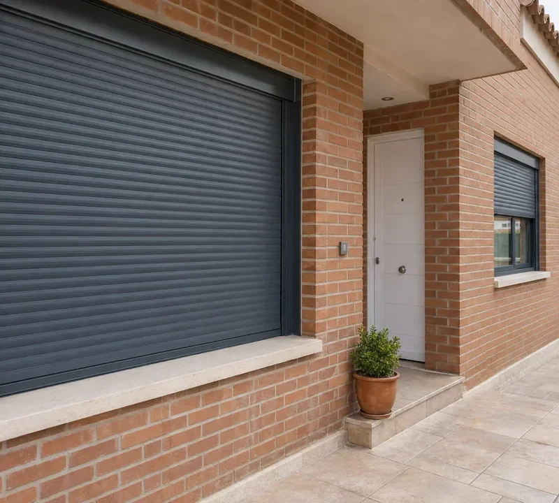 Persiana de aluminio gris antracita en una fachada de ladrillo