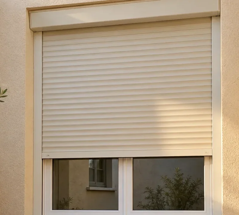 Persiana beige en la ventana de un patio